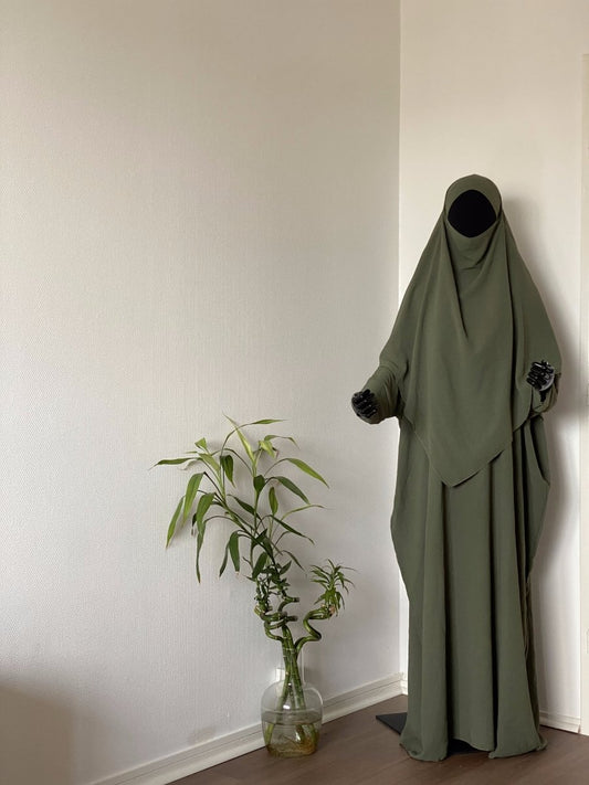 Ensemble Abaya et Khimar en Lin Vert kaki - Al-anbar