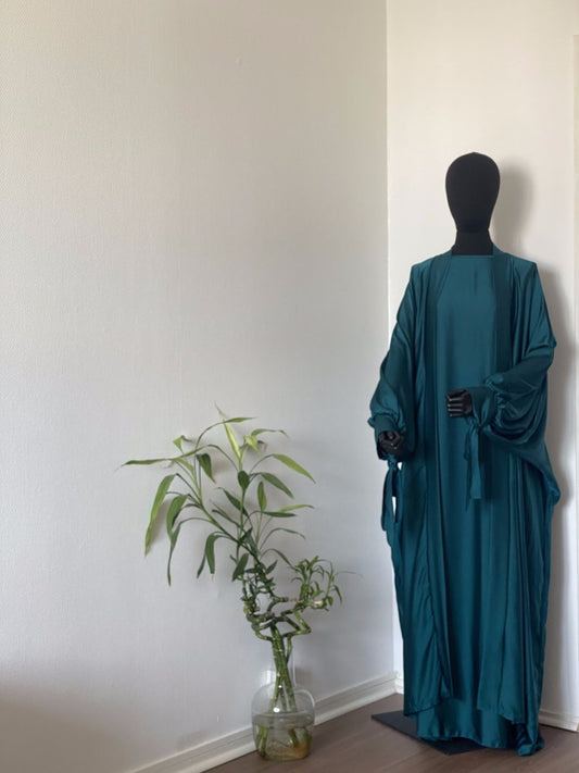 Ensemble sous-abaya et kimono satinés Bleu canard - Al-anbar